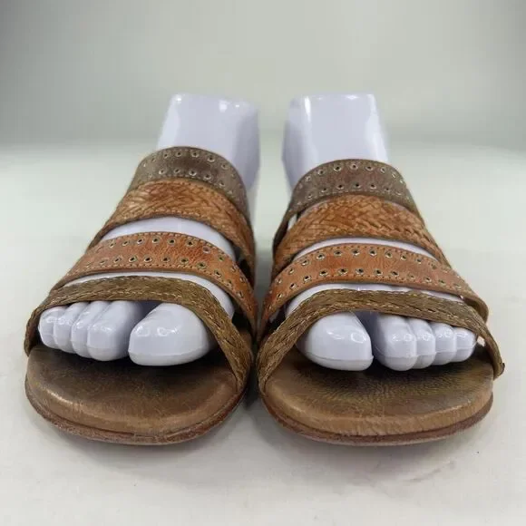 Bed Stu Henna Women's Sandals US 6.5 Brown Strappy Woven Leather Studded Slide - Picture 2 of 11